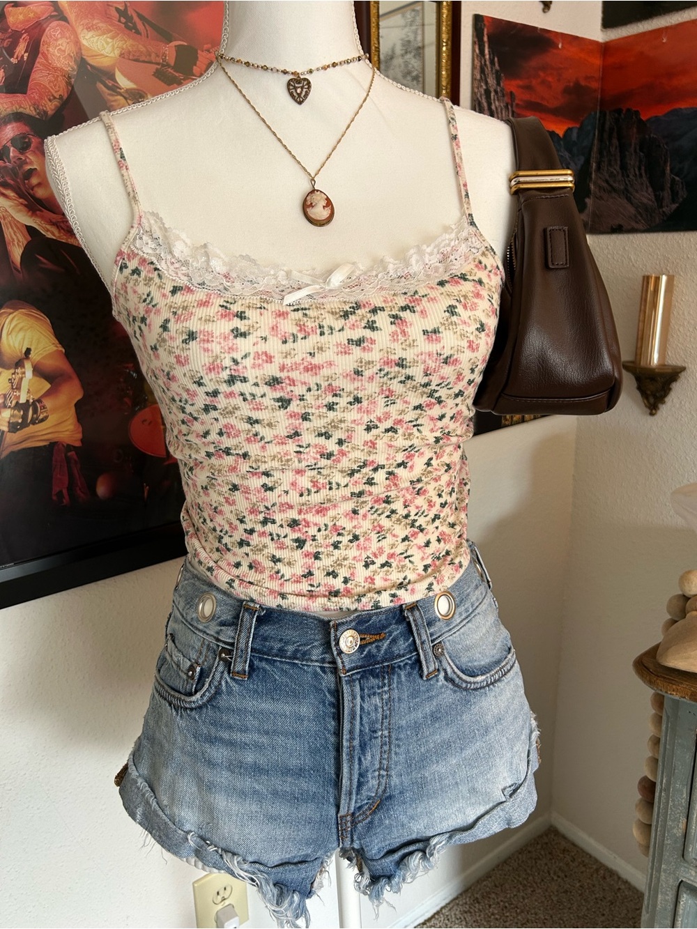 Cottagecore Floral Lace Trim Camisole Size S Pink Bow Ruffle Coquette Dainty Y2K